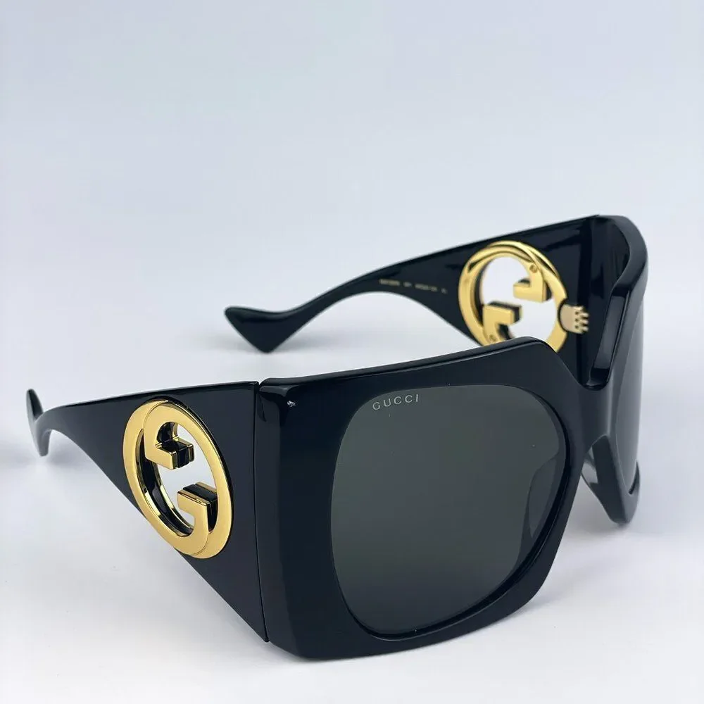 NEW Gucci GG1255S 001 Black Grey Wraparound Oversized Women Sunglasses
